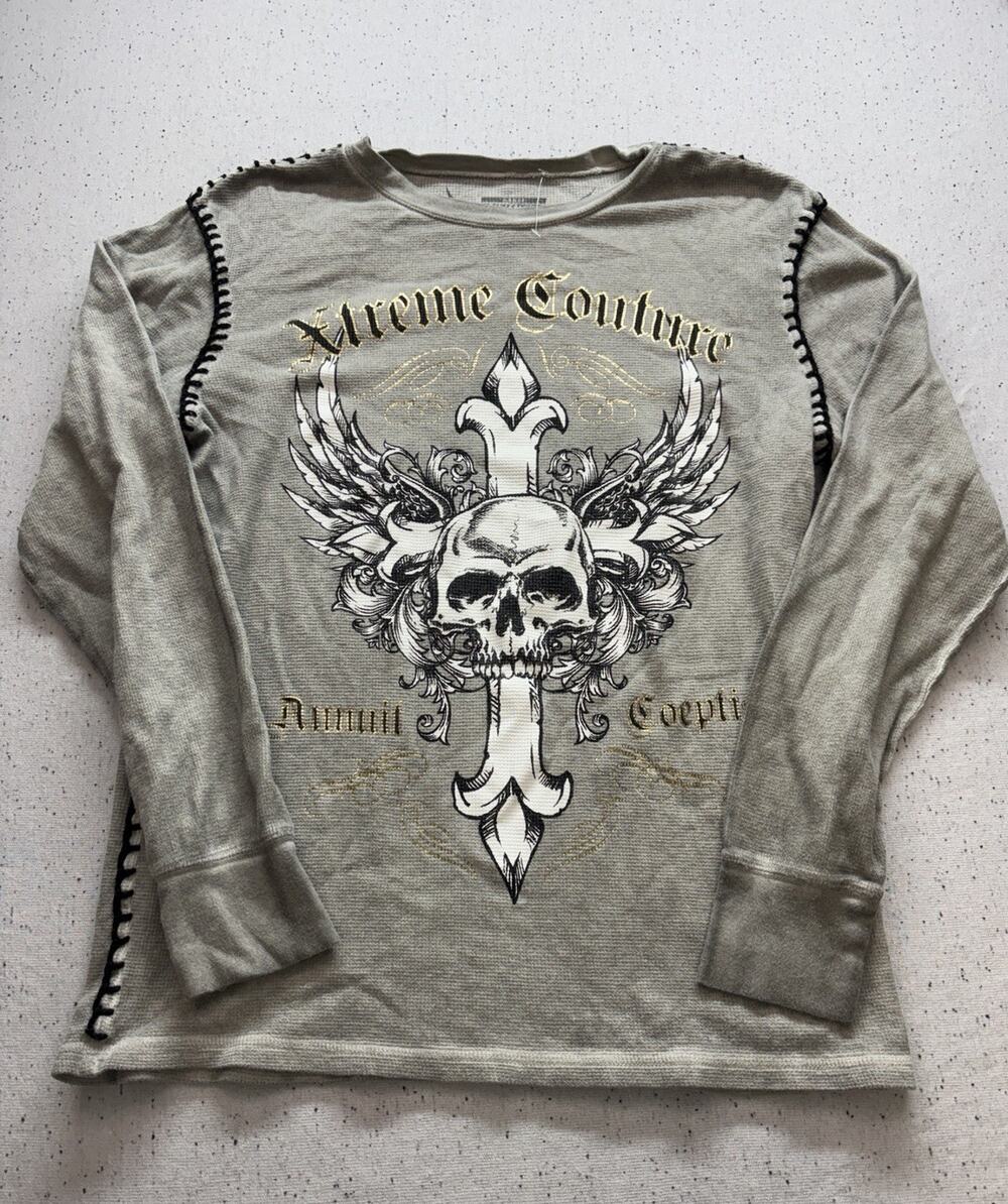 VTG Y2K Raw State by Affliction Men's Thermal Shirt Skull Cross Wing Waffle Knit